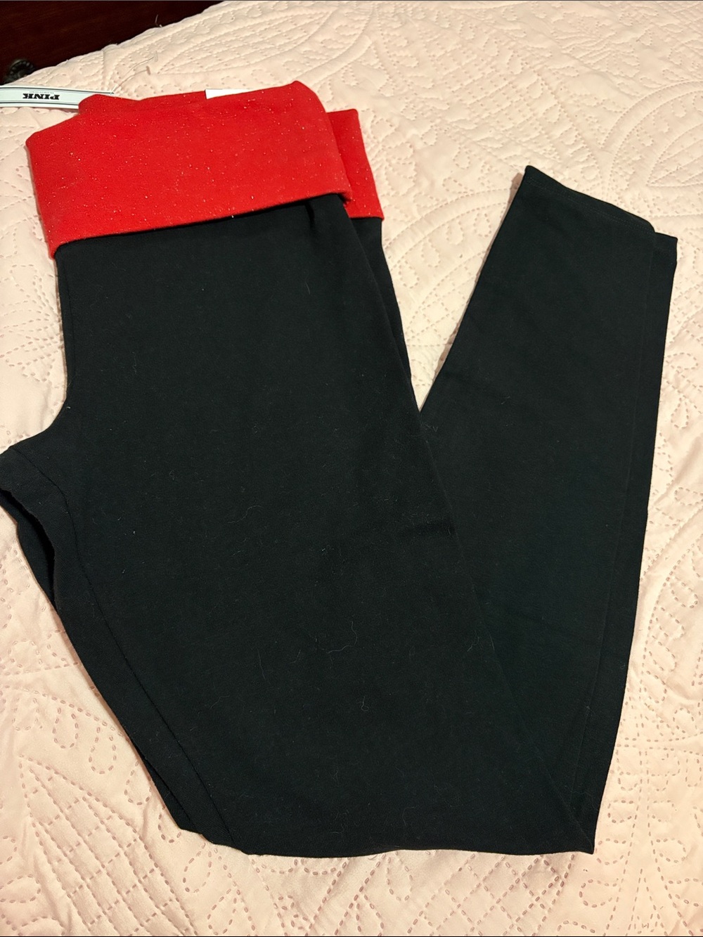 PINK Victoria's Secret Black Leggings with Red Foldover Waistband